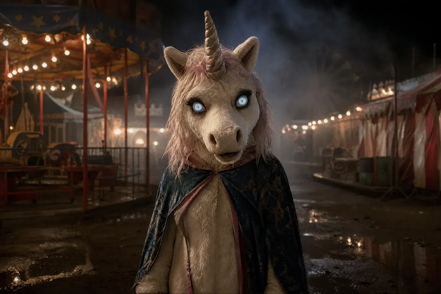 Original haunted unicorn mascot costume in a foggy carnival.