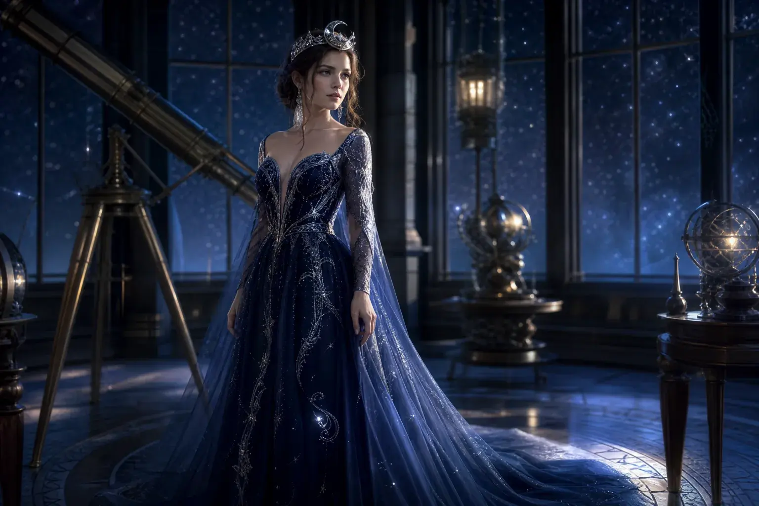 Celestial princess costume with a glowing midnight-blue gown and moon crown.