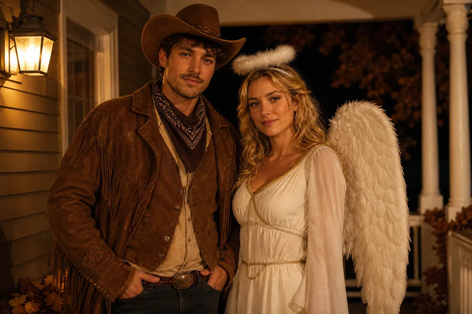 Photorealistic cowboy and angel couple in coordinated Halloween costumes on a warmly lit porch at night.