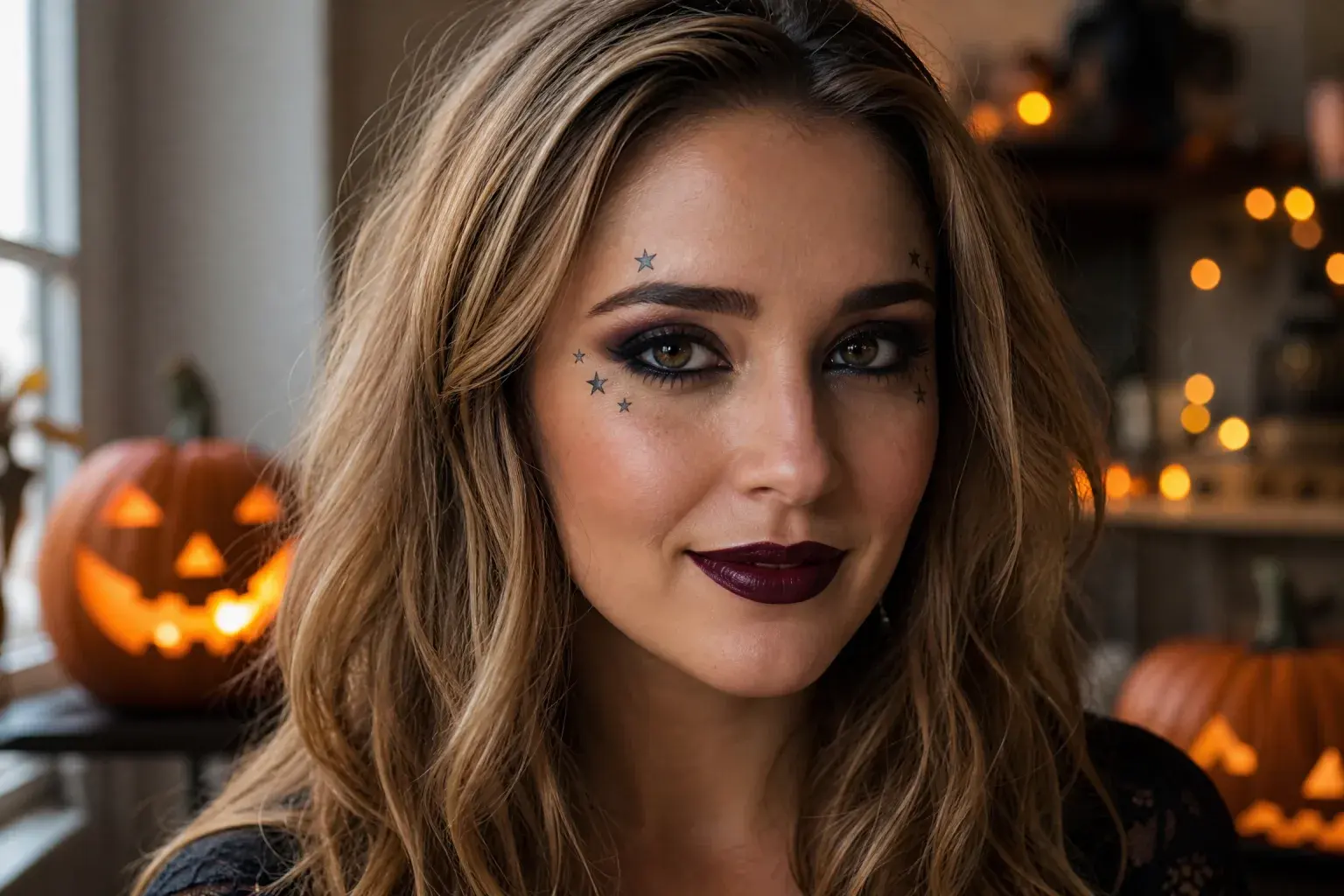 Subtle Halloween makeup portrait with warm pumpkin lights behind.