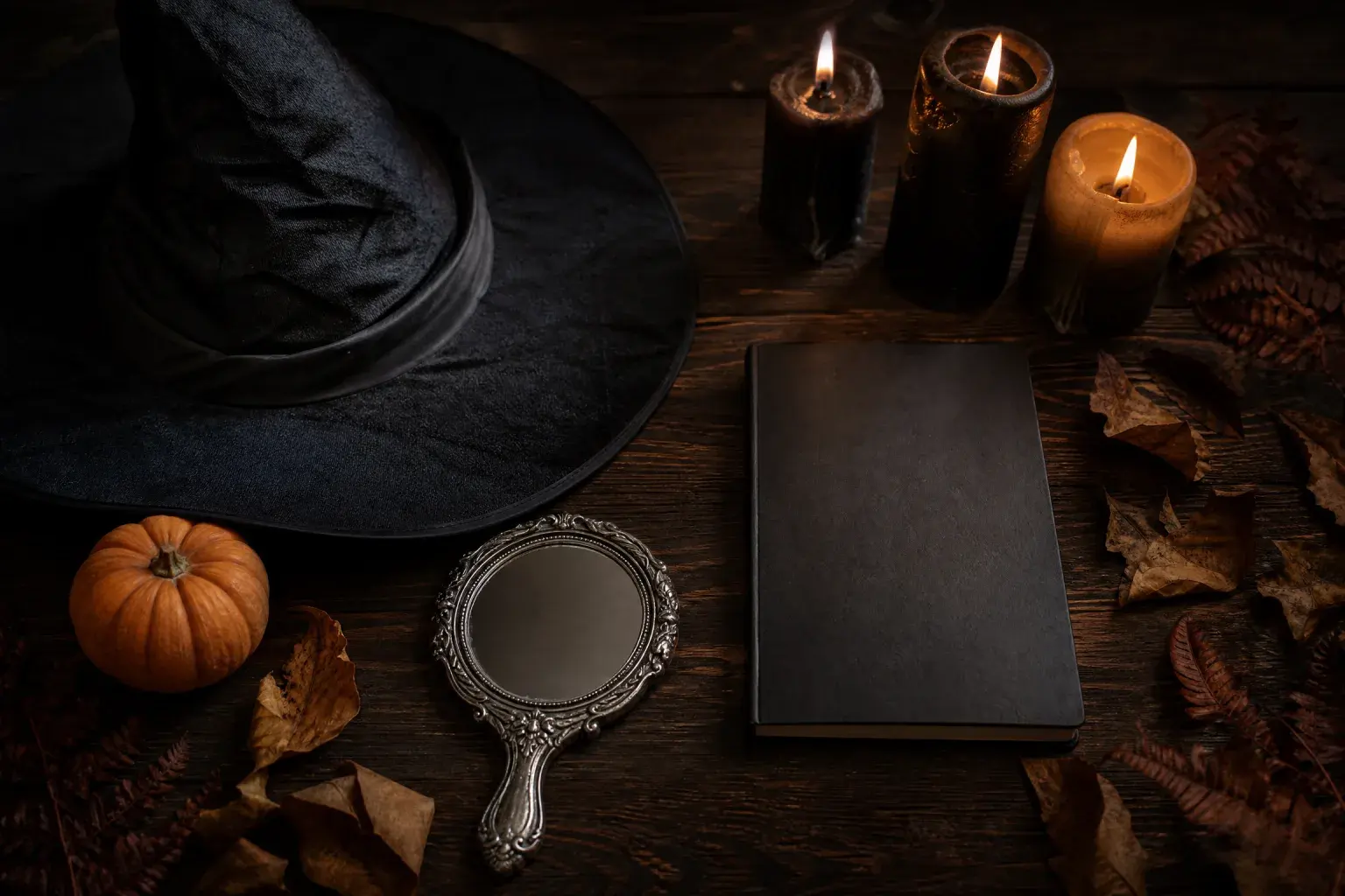 Halloween still life with a witch hat, candles, a pumpkin and a blank notebook.