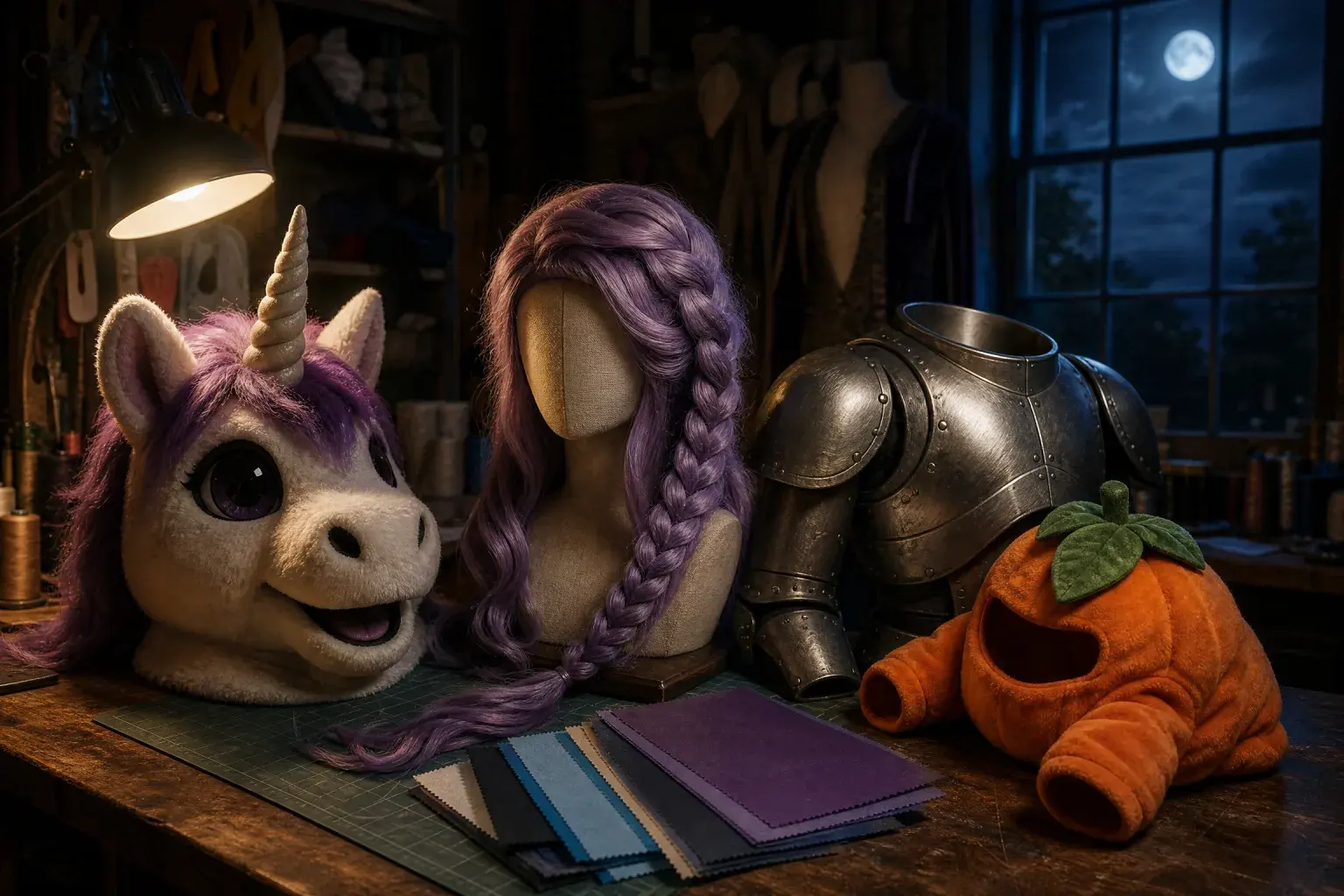 Costume workshop still life with a unicorn mascot head, braid wig and robot armour.