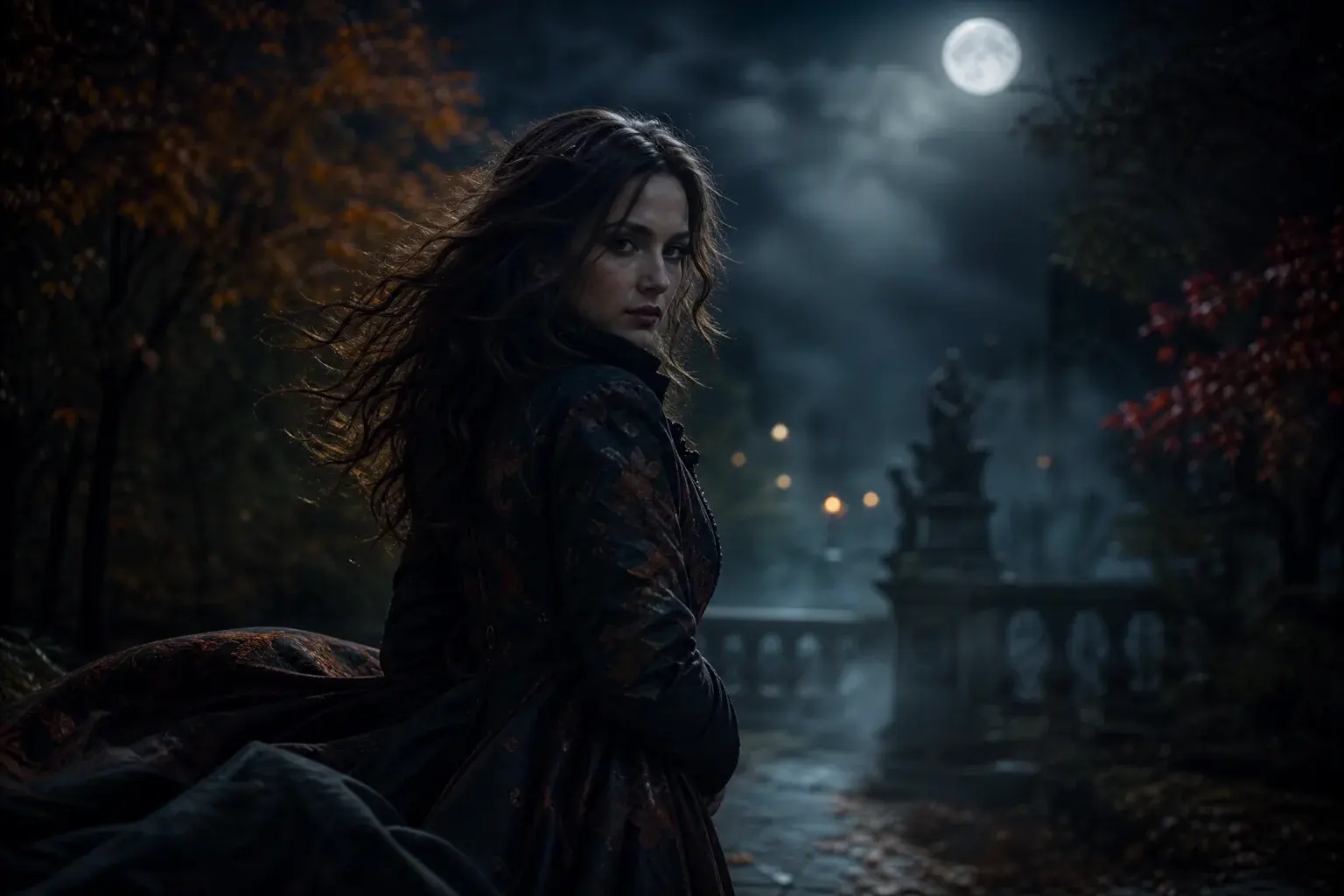 Cinematic Halloween still of a person turning in a foggy moonlit garden.