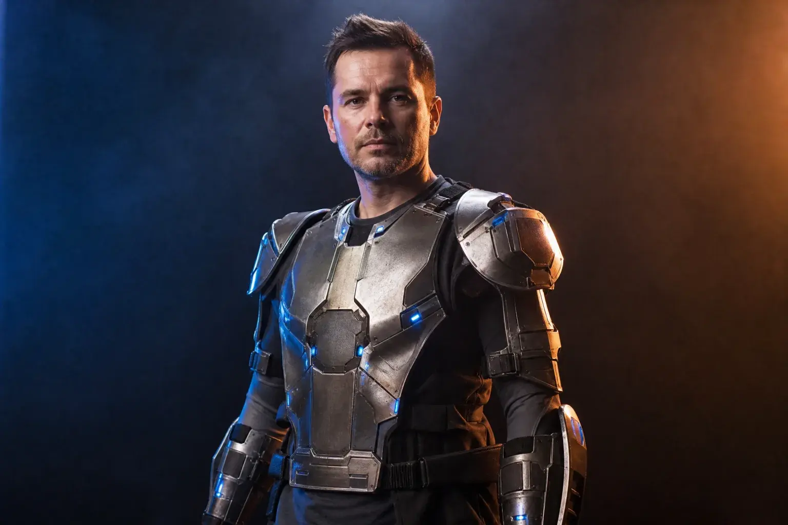 Wearable robot costume with metal panels and blue LED accents.