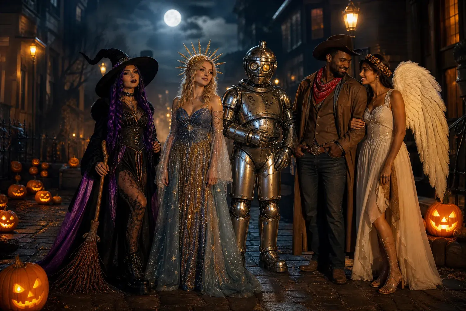 Five adults in original Halloween costumes on a foggy Victorian street at night, with carved pumpkins and moonlight.