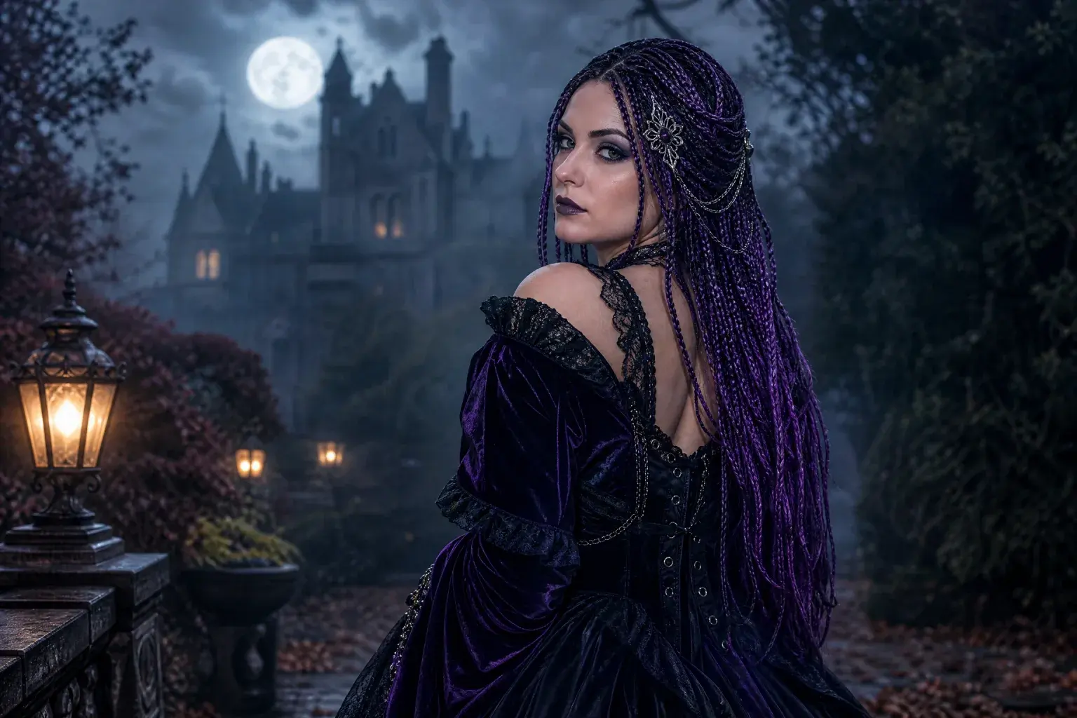 Gothic Halloween portrait with long violet braids and silver accessories.