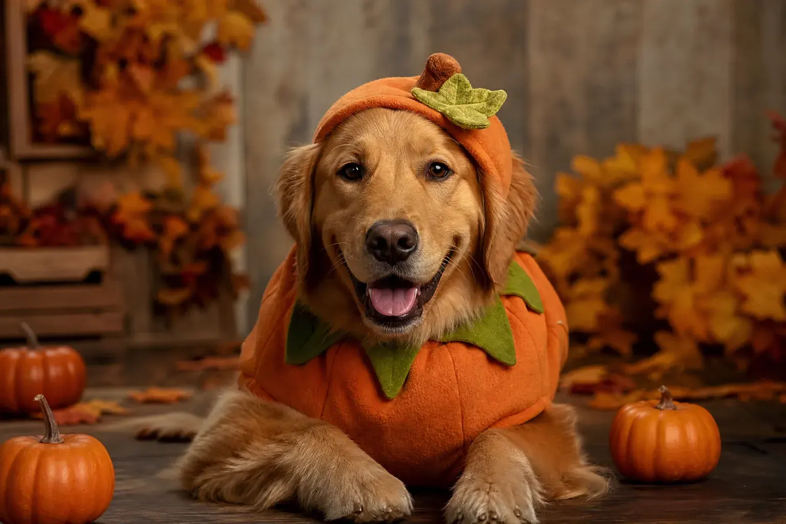 Photorealistic golden retriever in a soft pumpkin costume with a green leaf, photographed in a cozy autumn studio.